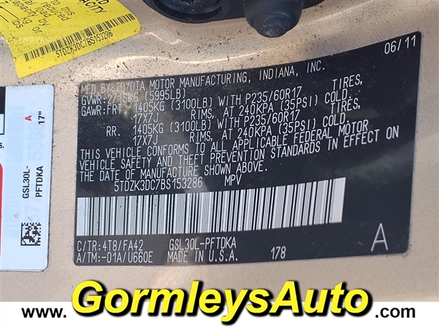 2011 Toyota Sienna Base 7-Passenger:153286B