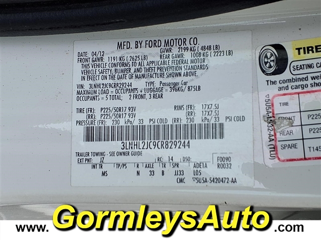 2012 LINCOLN MKZ Base:829244B