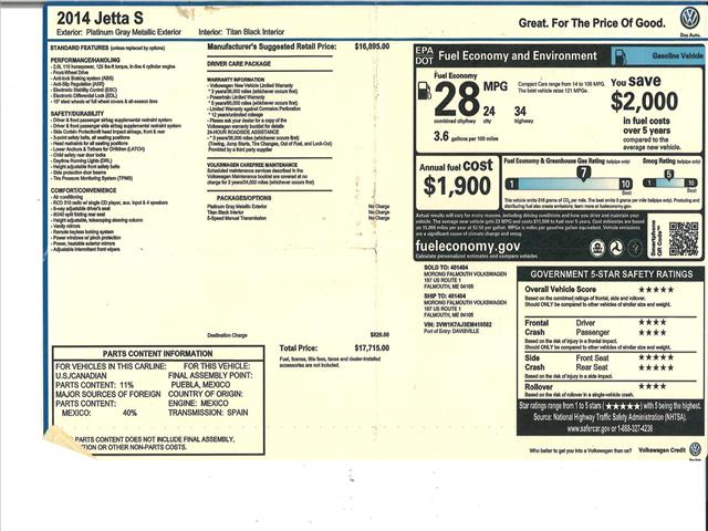 2014 Volkswagen Jetta S Manual 2 liter Simplest:10530