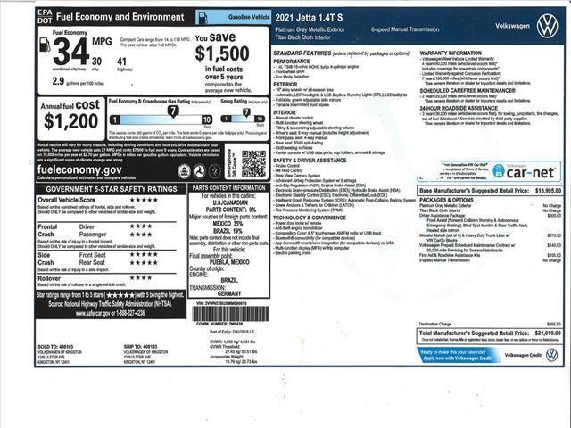 2021 Volkswagen Jetta S 6spd MANUAL EPA 41MPG Hwy:10419