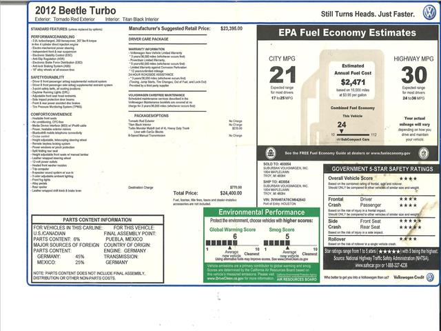 2012 Volkswagen Beetle Turbo 2l 6spd MANUAL 200hp:10470