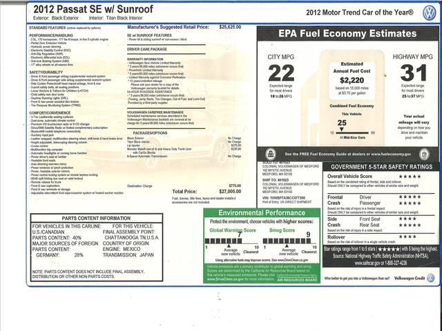 2012 Volkswagen Passat SE 2.5l Sunroof NEW VW TRADE:10461