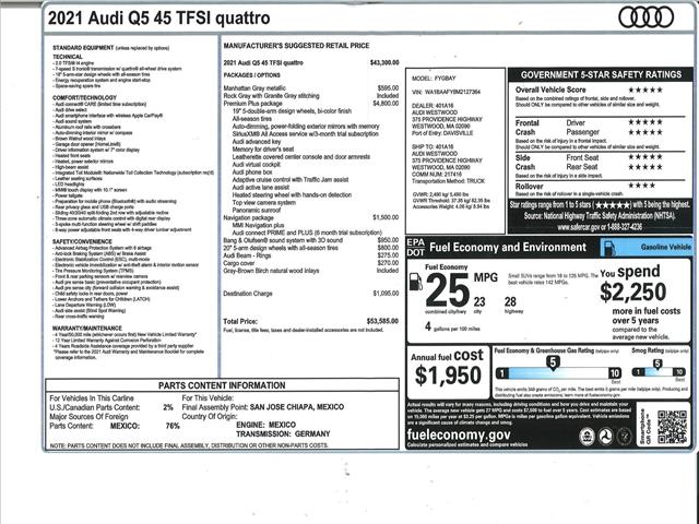 2021 Audi Q5 Premium Plus NAV ONE OWNER:10576
